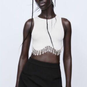 Zara White Sleeveless crop Top with Beaded Fringe